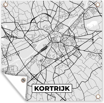 Tuin poster Zwart Wit – België – Plattegrond – Stadskaart – Kaart – Kortrijk - 200x200 cm - Tuindoek