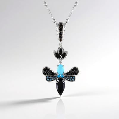 Cavill - Zilveren Halsketting met Zwarte Onyx 2 16 ct en Zwarte Spinel 925 Sterling Zilver - Elegante Druppelvormige Vlinderhanger - Filigraan Design