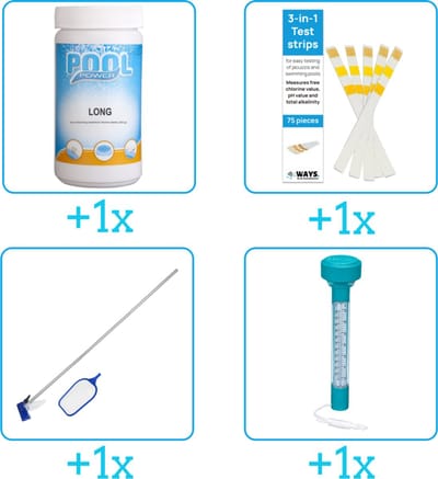 Zwembad Onderhoudspakket - Onderhoud Zwembad - bevat Chloor - Testrips - Schoonmaakset en Thermometer (4-delig)