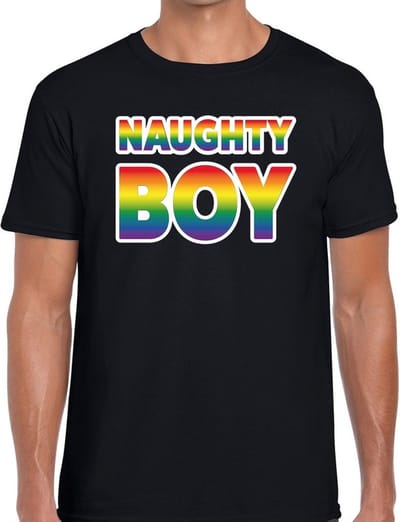 Naughty boy gaypride t-shirt - zwart shirt met regenboog tekst voor heren - Gaypride kleding S