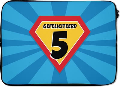 Laptophoes 13 inch - Verjaardag - 5 jaar - Kind - Superheld - Laptop sleeve - Binnenmaat 32x22,5 cm - Zwarte achterkant