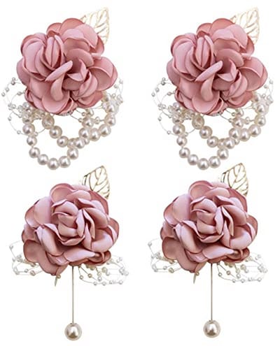 Boutonnière en Polsbloem Roze Rozen voor Bruiloft - 4 Stuks