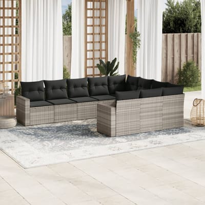 vidaXL - 10-delige - Loungeset - met - kussens - poly - rattan - lichtgrijs