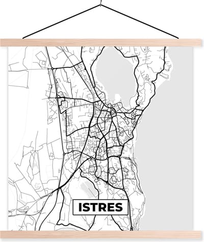 Posterhanger incl. Poster 40x40 cm - Schoolplaat - Stadskaart - Plattegrond - Kaart - Frankrijk - Istres - Zwart wit - Textielposter - Blanke latten - Stadskaart