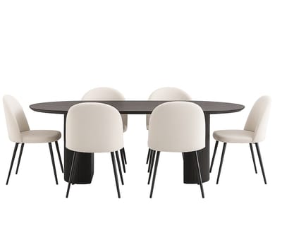 Kyoto eethoek eettafel donkerbruin, 6 stoelen met beige ribfluweel bekleding.