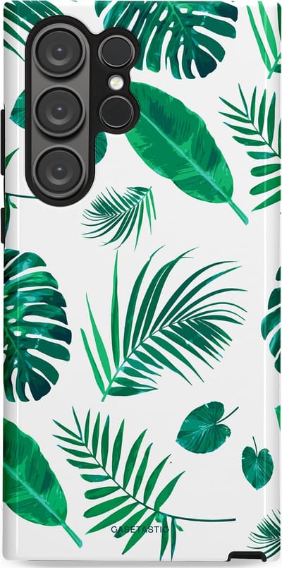 Casetastic Hoesje Geschikt voor Samsung S23 Ultra - Stijlvolle Beschermende Duo-layer Case - Groene Witte Jungle Bladeren Print