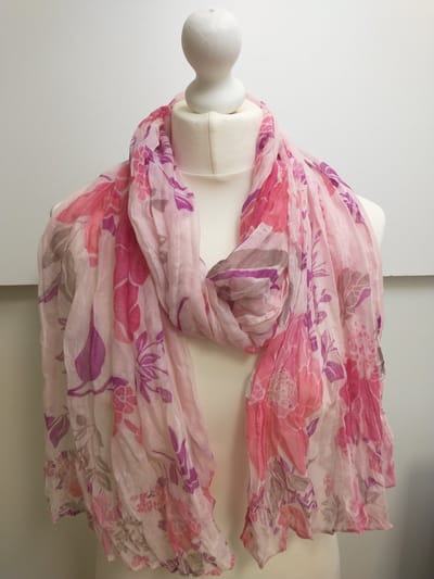 Lange dames sjaal Kelly gebloemd motief roze taupe fuchsia paars