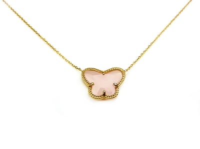 korte zilveren halsketting halssnoer collier geelgoud verguld Model Vlinder met roze steen