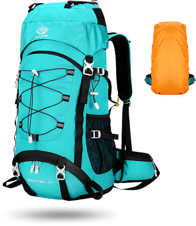 CarryQuest® 60L Hiking Backpack - Nylon Wandelrugzak met Regenhoes, Drinksysteem, Schoenenvak & Rugventilatie - Lichtblauw