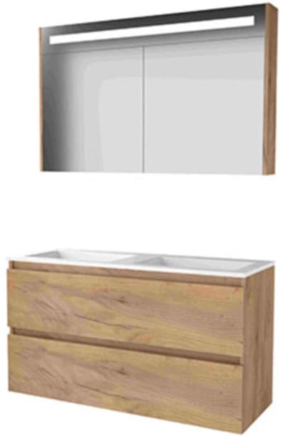 Basic-Line Premium 46 Badkamermeubelset - 120 x 46 cm - Greeploos - 2 Lades - Acryl Wastafel - Zonder Kraangat - Spiegelkast met LED Verlichting - Whisky Oak