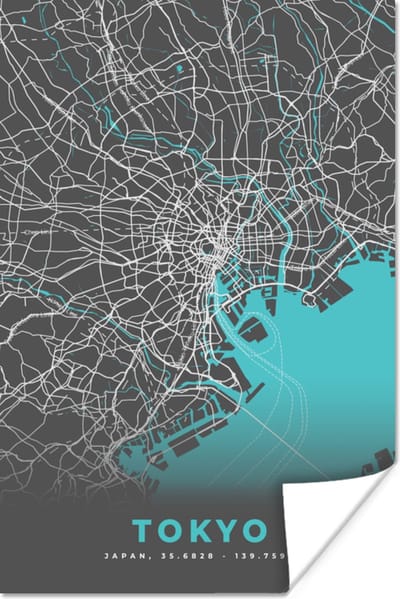 Poster Tokyo - Stadskaart - Blauw - Plattegrond - Kaart - 120x180 cm XXL