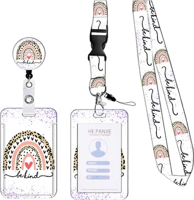 Travel Cords - pashouder set Regenboog Be Kind stippen - 4-delig - badgehouder - pashouder - keycord - telefooncord - passen, sleutels en telefoon - liftpas
