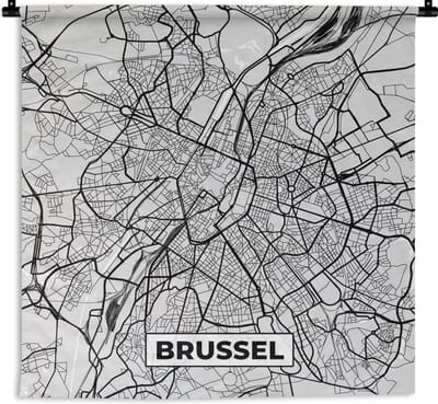 Wandkleed - Wanddoek - Stadskaart – Zwart Wit - Kaart – Bruxelles – België – Plattegrond - 90x90 cm - Wandtapijt