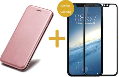 Hoesje Kunstlederen Book Case geschikt voor Apple iPhone Xs / X + Screenprotector Volledig Dekkend - Roségoud Siliconen iCall Wallet