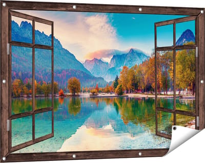 Gards Tuinposter Doorkijk Meer - 120x80 cm - Tuindoek - Tuindecoratie - Wanddecoratie buiten - Tuinschilderij