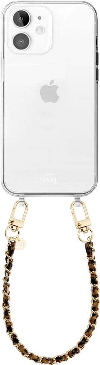 xoxo Wildhearts siliconen hoesje geschikt voor iPhone 12 - Classic Chain - Leopard (kort koord) - Telefoonhoesje - Hoesje met koord - Schakelketting - Kort telefoonkoord - Luipaardprint met goud - Transparant hoesje