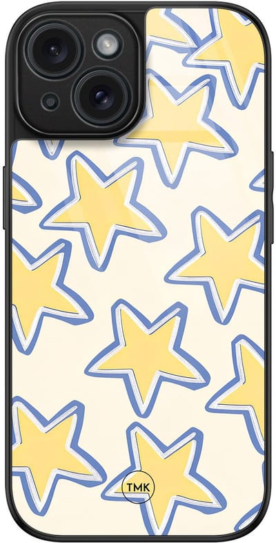 Hoesje geschikt voor Apple iPhone 15 - Retro stars - Blauw, Geel - TPU luxe case (glossy toplaag) - Print - Hardcase backcover zwart