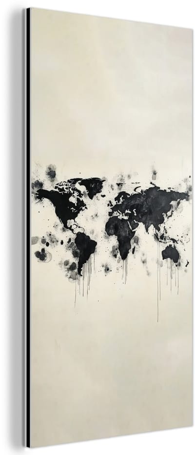 Aluminium schilderij 40x80 cm - Wanddecoratie metaal - Wereldkaart - Zwart - Inkt - Metalen muurdecoratie woonkamer - Decoratie industrieel - Foto op dibond - Industriële accessoires slaapkamer