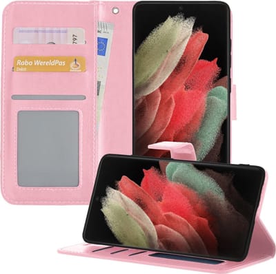 Hoesje - Geschikt voor Samsung Galaxy S21 Ultra - Luxe Bookcase - Walletcase Hoes - Portemonnee - Cover - Telefoonhoes - Lichtroze