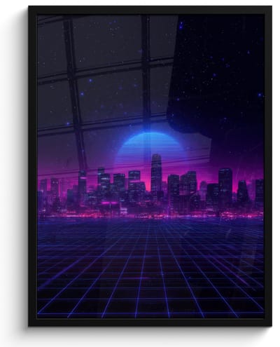Poster in lijst - Fotolijst 60x80 cm - Posters - Skyline - Zon - Neon - Rasterpatroon - Posterlijst zwart - Decoratie - Wanddecoratie woonkamer - Muurdecoratie slaapkamer