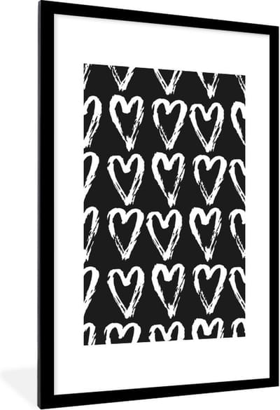 Fotolijst incl. Poster - Hart - Zwart - Wit - Patronen - 80x120 cm - Posterlijst