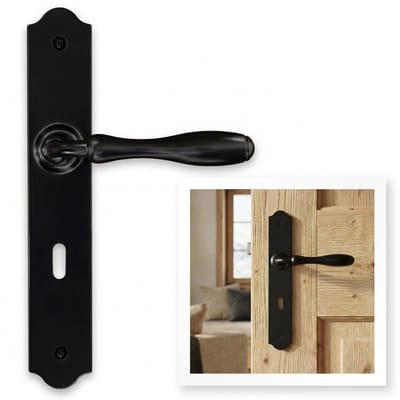 ERGO line Chalet retro deurklink - op langschild, Klassiek Zwart Deurkruk met sleutelgat SL56, baardsleutel 56 mm, Deurklink met schild, krukgarnituur, deurgrepen voor kamerdeuren, zwart