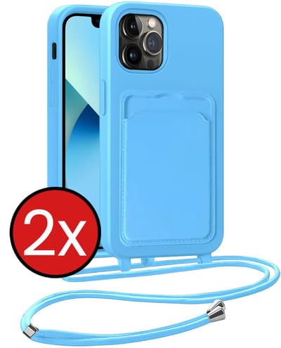 Hoesje Geschikt voor iPhone 13 Pro Hoesje Met Telefoonkoord en Pasjeshouder Siliconen - Hoes Geschikt voor iPhone 13 Pro Hoesje Met Kaarthouder Case - Lichtblauw - 2 PACK