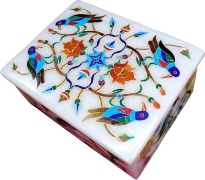 Decoratieve Doos - Marmeren Opbergdoos - Sieraden Opbergen - Handgemaakt Inlay Werk - 10 x 7.5 x 5 cm - Multicolor