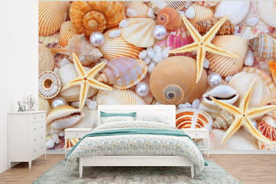 Behang - Fotobehang Schelpen - Parels - Zeesterren - Strand - Breedte 320 cm x hoogte 240 cm