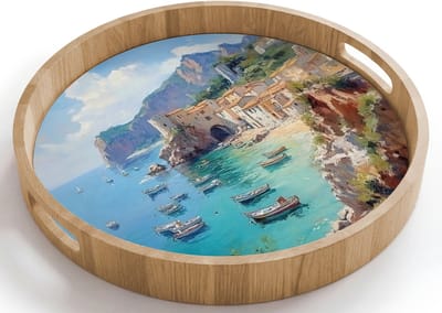 Dienblad rond 40x40 cm - Schootdienblad hout - Kustdorp - Schilderij - Rotsen - Boten - Borrelplank rechthoek - Plateau houten dienbladen