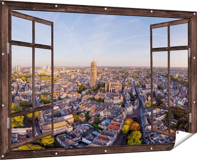 Gards Tuinposter Doorkijk Utrecht vanuit de Lucht - 180x120 cm - Tuindoek - Tuindecoratie - Wanddecoratie buiten - Tuinschilderij