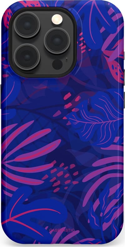 Casetastic hoesje geschikt voor Apple iPhone 15 Pro - MagSafe - Dubbellaagse bescherming - Neon jungle blad - Fashion Case - Donkerblauw Lavendel Roze