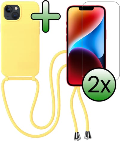 Hoes Geschikt voor iPhone 13 Mini Hoesje Met Koord Met 2x Screenprotector - Telefoonhoesje Geschikt voor iPhone 13 Mini Backcover Met Afneembaar Koord - Geel