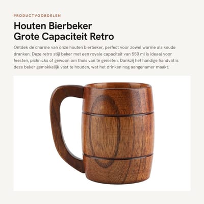 Dailygoods- Bierbeker Hout Grote Capaciteit 550 ml - Retro Drinkbeker - Houten Bierpul - Handvat - Natuurlijke Thee/Water - Klassiek Ontwerp