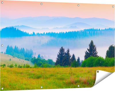 Gards Tuinposter Mistige Heuvel Landschap met Bossen - 120x80 cm - Tuindoek - Tuindecoratie - Wanddecoratie buiten - Tuinschilderij