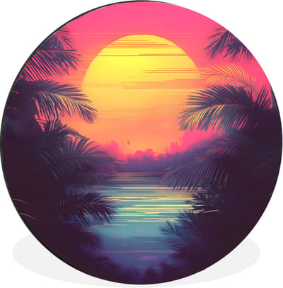 WallCircle - Wandcirkel - Muurcirkel - Zon - Geel - Palmbomen - Tropisch - Aluminium - Dibond - 30x30 cm - Binnen en Buiten