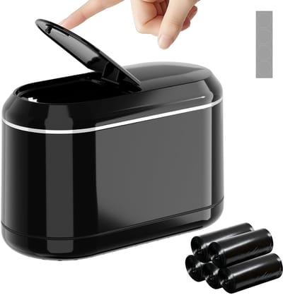 Mini Afvalbak met Pop-Up Deksel, Inclusief 5 Afvalzakken en 4 Antislip Matten, Ideaal voor Bureau en Keuken, Zwart