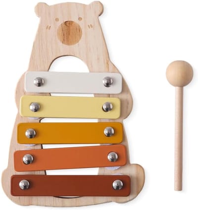 Houten Muziekinstrumenten - Baby Speelgoed - Muziek Ontdekken - Unieke Beer Vorm - 15 x 12 x 5 cm