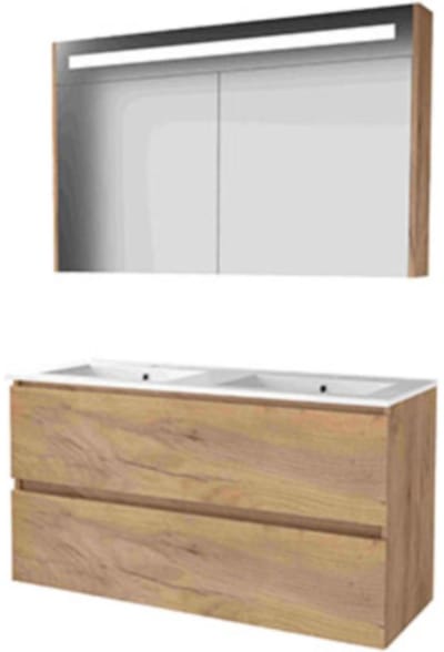 Basic-Line Premium 46 Badkamermeubelset - 120 x 46 cm - Greeploos - 2 Lades - Keramische Wastafel - 2 Kraangaten - Spiegelkast met LED Verlichting - Whisky Oak