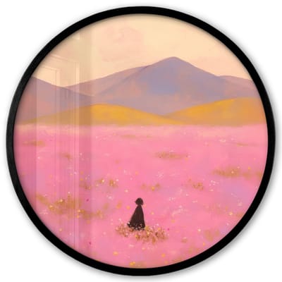 Poster in lijst Rond - Fotolijst 40x40 cm - Posters - Bloemenweide - Heuvels - Silhouet - Roze - Ronde posterlijst zwart - Decoratie - Wanddecoratie woonkamer - Muurdecoratie slaapkamer