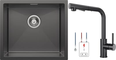 CECIPA max Spoelbakken Keuken - Enkele spoelbak (Antraciet/Gun metal 50 x 44 cm ) - Spoelbak Met Lage Druk Keukenkraan - roestvrij staal Spoelbak - Wasbak met waterafvoersysteem