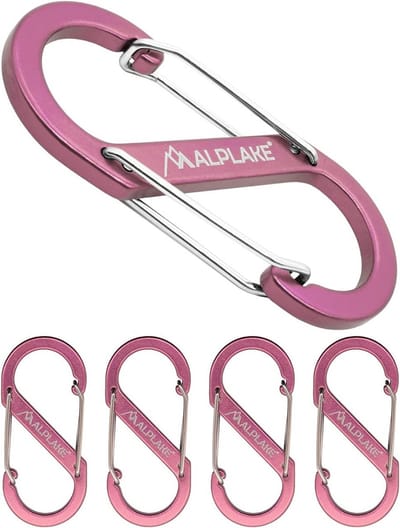 SnelShoppen - Set van 4 dubbele carabiners, S-vormige aluminium haken, 88 x 40 mm, trendy roze, ideaal voor camping, wandelen en reizen