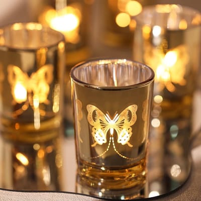 Set van 12 Gouden Votiefkaarsenhouders met Vlinderdecoratie voor Tafel & Woondecoratie