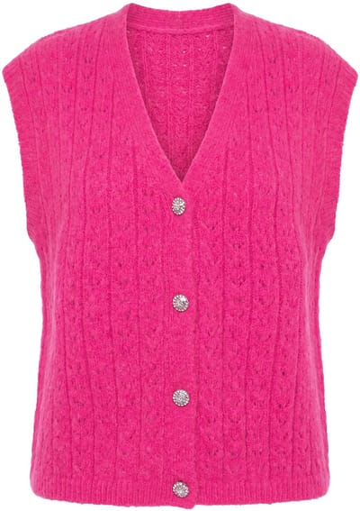 Studio Untold - Dames - Gebreid vest ajourbreisel sierknopen - Fuchsiaroze - Maat 42+