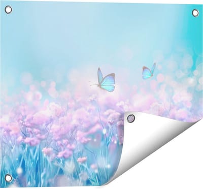 Gards Tuinposter Twee Blauwe Vlinders bij Roze Bloemen - 50x40 cm - Tuindoek - Tuindecoratie - Wanddecoratie buiten - Tuinschilderij