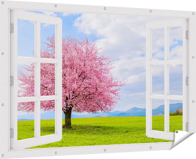 Gards Tuinposter Doorkijk Roze Sakura Bloesem Boom in het Groene Veld - 180x120 cm - Tuindoek - Tuindecoratie - Wanddecoratie buiten - Tuinschilderij