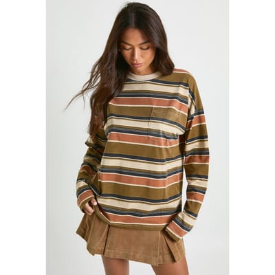 boohoo Dames Gestreepte katoenen top met lange mouwen en zakdetail | Kaki | Maat: 34