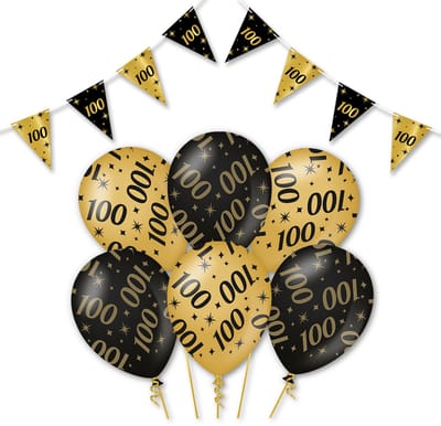 Q2P - 100 Jaar - Slingers - Ballonnen - Zwart & Goud Set - Verjaardag Versiering - Helium Ballon