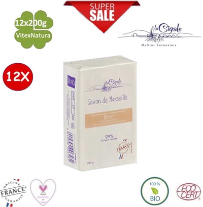 La Cigale Bain Brut Marseille zeep | 12 x 200G | zonder parfum, hypoallergeen, biologisch afbreekbaar