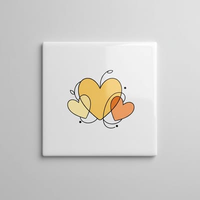 Abstracte Harten Keramische Tegel 15x15 cm – Minimalistisch Geel & Oranje Hart Design | Romantische Woondecoratie Cadeau